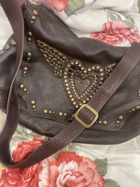 Leather Rock Studded Heart Wing Brown Leather Shoulder Bag